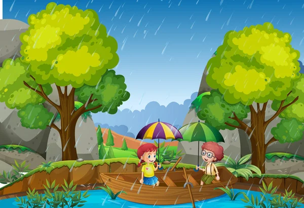 Giornata di pioggia con ragazza e ragazzo nel parco — Vettoriale Stock