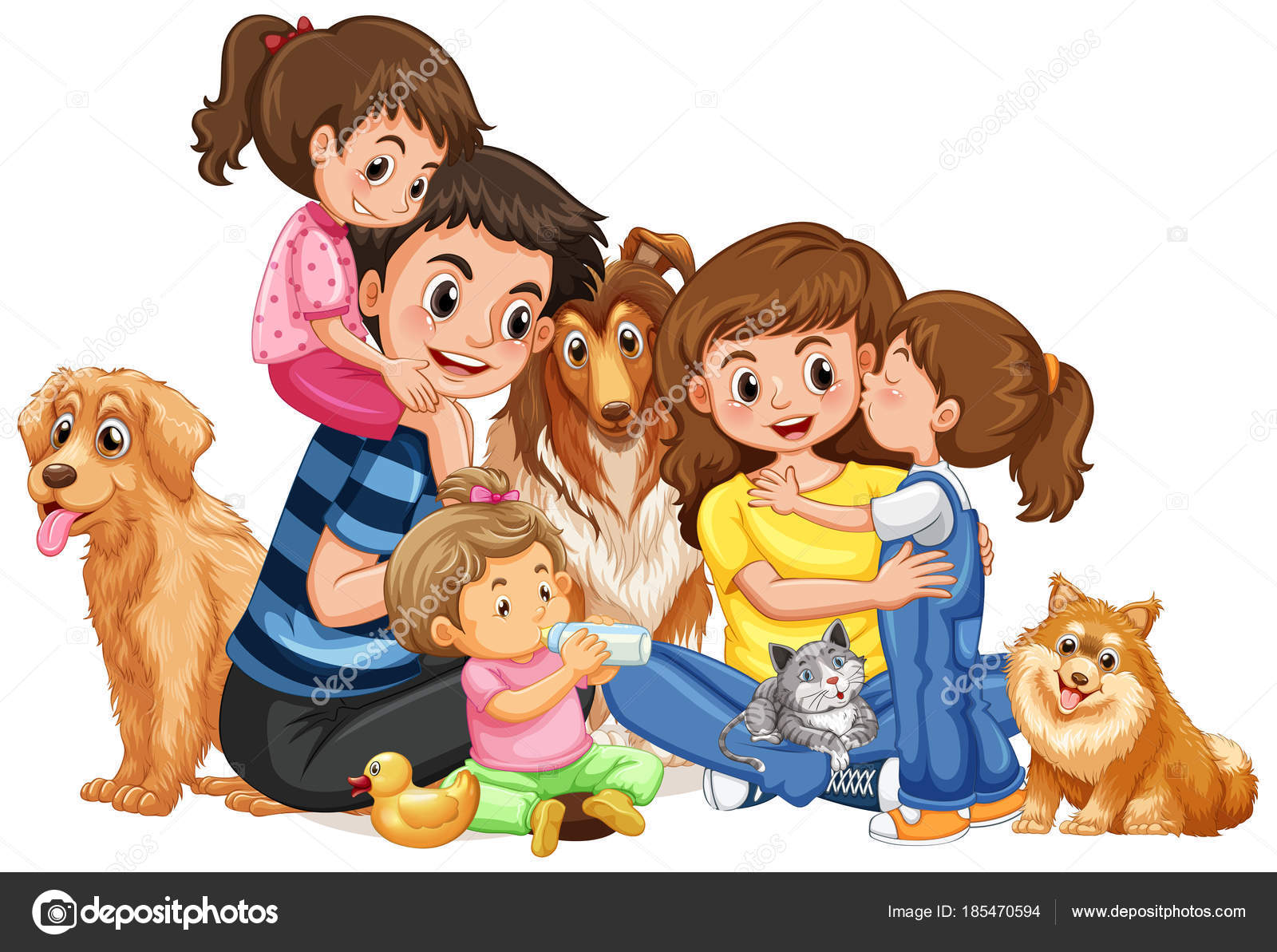 Familia feliz con cuatro niños y mascotas — Archivo Imágenes