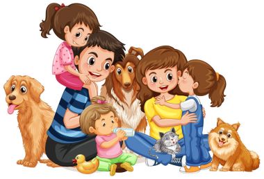 Mutlu aile dört çocuklar ve evcil hayvan