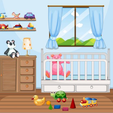 Babycot ve birçok oyuncaklar ile yatak odası sahne