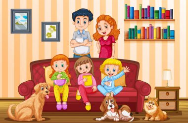 Üç kız ve köpek oturma odası ile aile