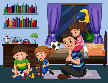 Baba ve üç çocuk gece yatak odasında