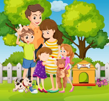 Üç çocuk ve köpek bahçe içinde güzel aile