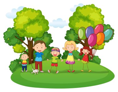 Parkta oynayan üç çocukları ile aile