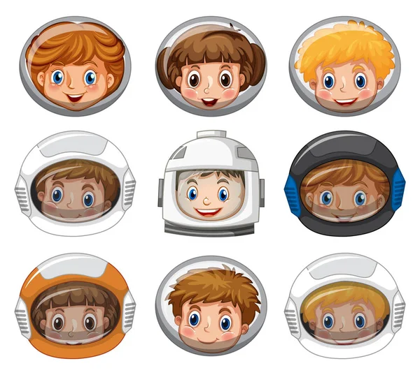 Crianças usando capacetes de astronauta no fundo branco — Vetor de Stock
