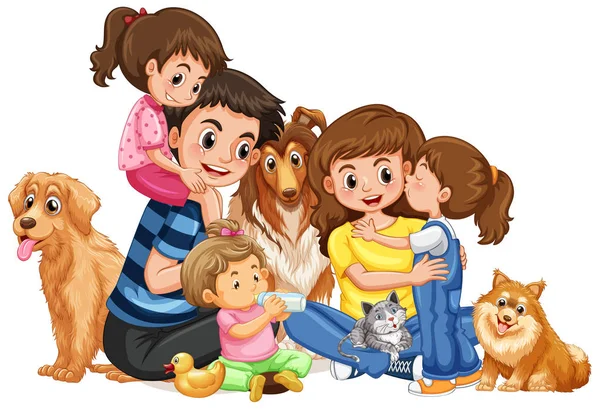 Happy family with four kids and pets