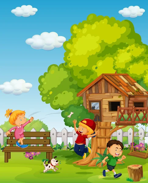 Trois enfants jouant dans le parc le jour — Image vectorielle