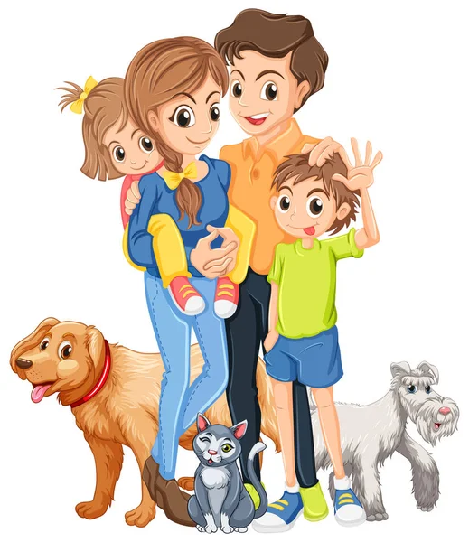Οικογένεια με δύο παιδιά και κατοικίδια ζώα — Διανυσματικό Αρχείο