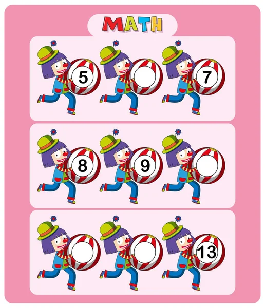 数学工作表模板与小丑和球 — 图库矢量图片