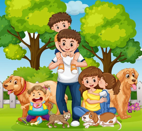 Family with kids and pets in the park — Stock Vector