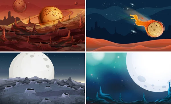 Cuatro escenas del espacio con la luna — Vector de stock