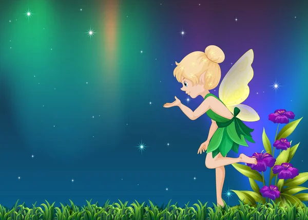 Schattig fairy vliegen in de tuin 's nachts — Stockvector