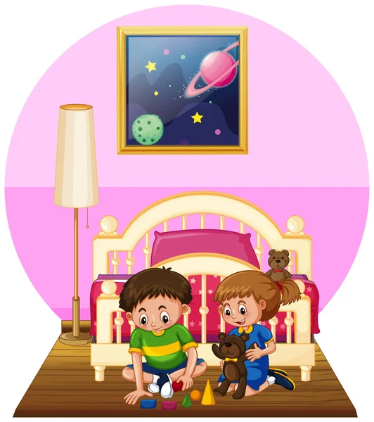 Boy and girl playing toys in bedroom — Stock Vector