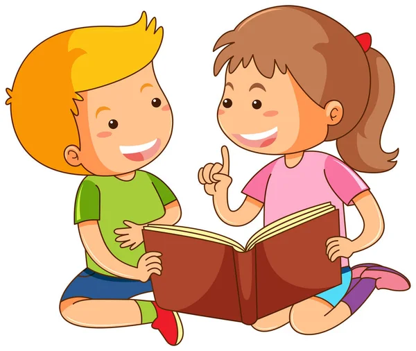 Menino e menina lendo livro de histórias —  Vetores de Stock