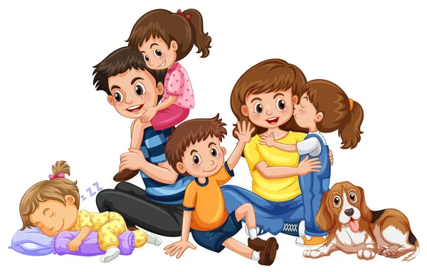 快乐的家庭与四个孩子和一只狗 — 图库矢量图片