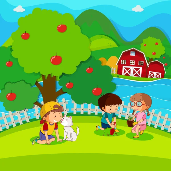 Tres niños plantando árboles en el parque — Vector de stock