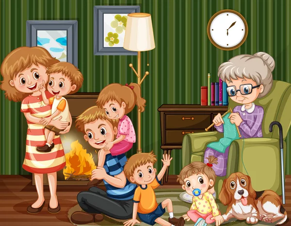 Familia con niños y abuela en el salón — Vector de stock