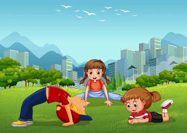 Τρία παιδιά που παίζουν στο εθνικό πάρκο — Διανυσματικό Αρχείο