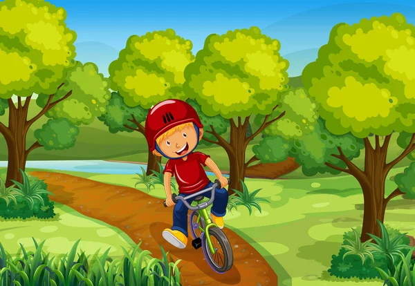 Little boy riding bike in the park — Stock Vector