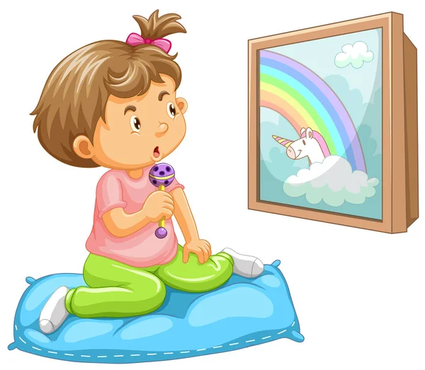 Girl toddler looking at unicorn — Stock Vector