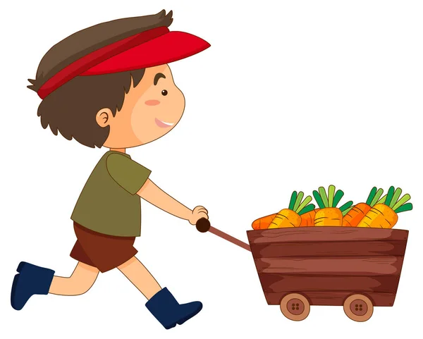 Boy pushing wagon full of carrots — Stock Vector