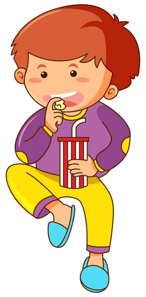 Little boy eating snack and drinking soda — Stock Vector