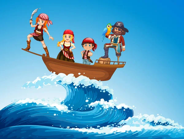 Pirates on ship in the sea — Stock Vector