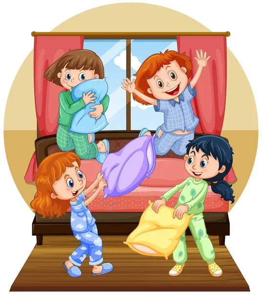 Cuatro chicas jugando a la almohada en el dormitorio — Vector de stock