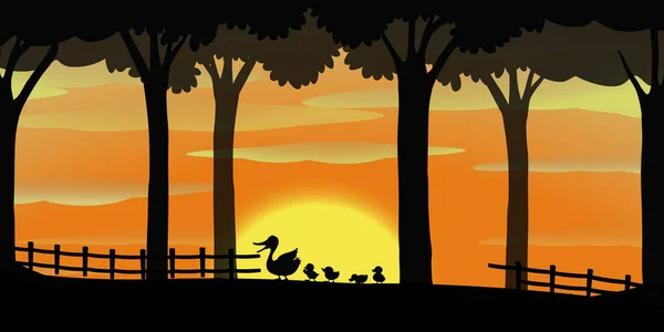 剪影背景与鸭子在农场 — 图库矢量图片