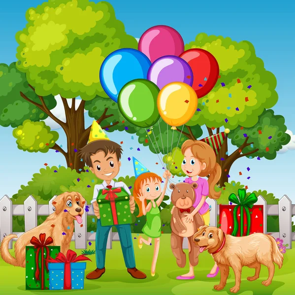 Familia teniendo fiesta de cumpleaños en el parque — Vector de stock