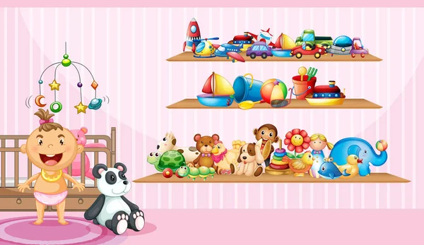 Bebé niña y muchos juguetes en el dormitorio — Archivo Imágenes Vectoriales