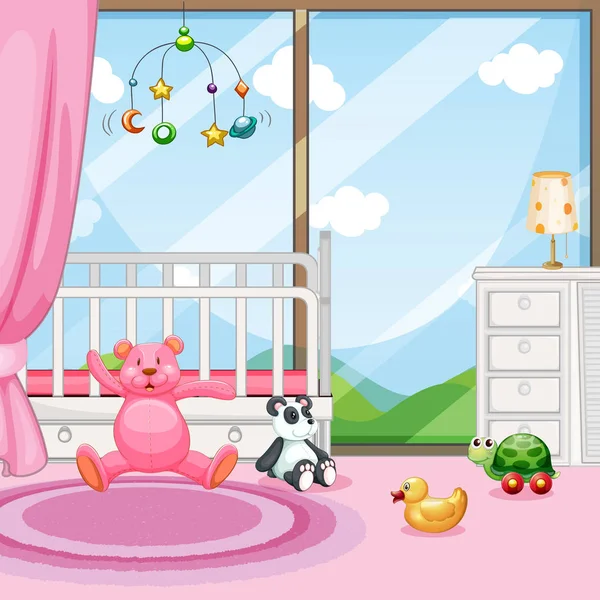 Escena del dormitorio con cuna y muñecas — Vector de stock