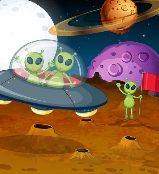 Tema spaziale con gli alieni in UFO — Vettoriale Stock