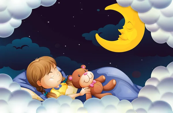 Little girl sleeping with teddybear at night time — Stock Vector