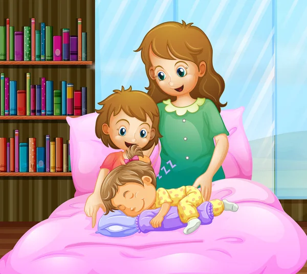 Madre y dos niñas en la cama — Vector de stock