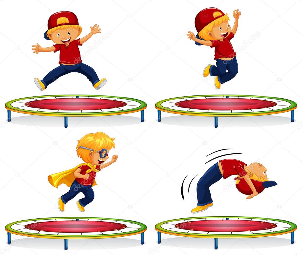 Boy jumping on red trampoline