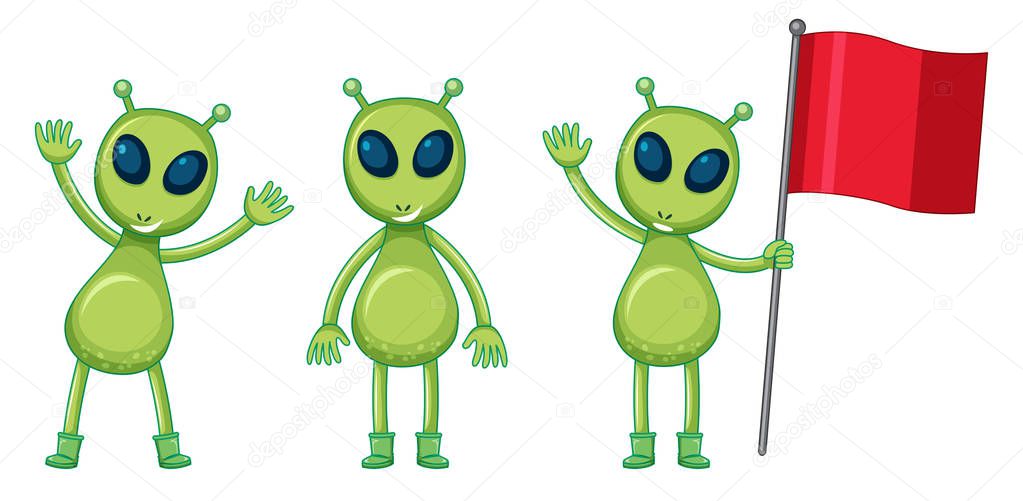 Three green aliens with red flag