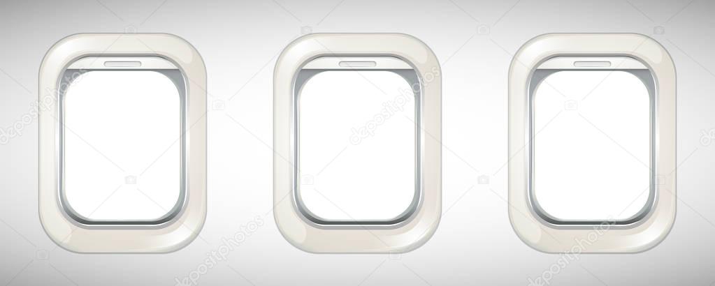 Three airplane windows with screen open