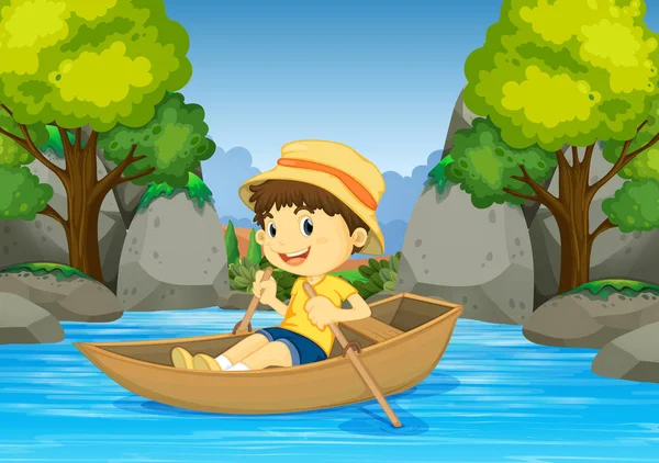 Boy rowing boat in the river — Stock Vector