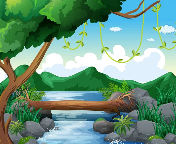 Escena de fondo con río en bosque — Vector de stock