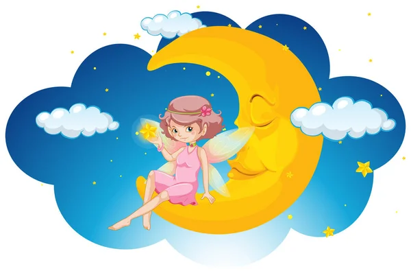 Cute fairy sitting on moon at night — Stock Vector