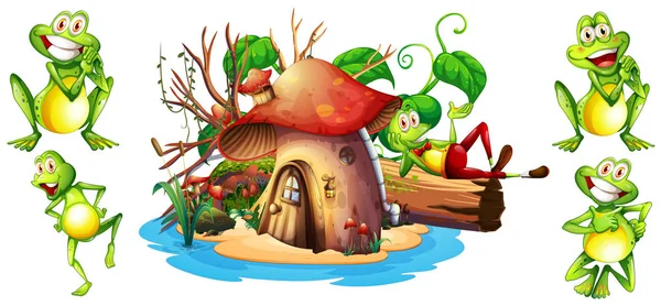 Joyeux grenouilles et maison de champignons — Image vectorielle