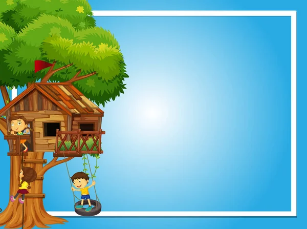 Plantilla de frontera con niños en la casa del árbol — Vector de stock