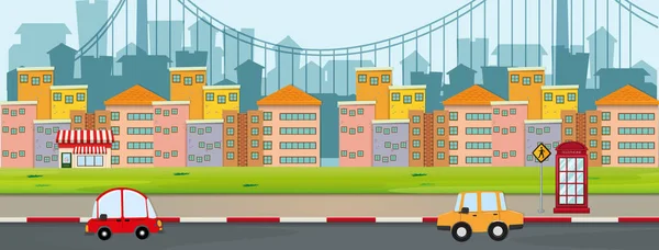 Escena con edificios y coches en carretera — Vector de stock