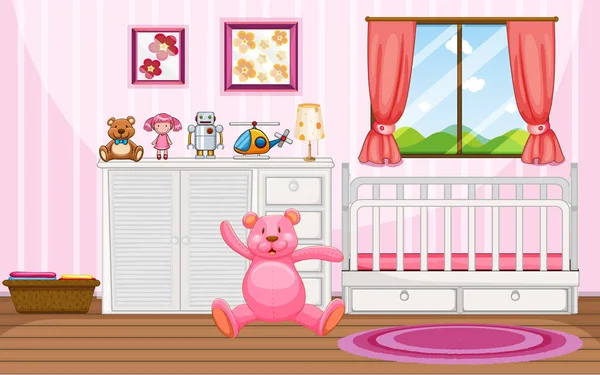 Bedroom scene with pink teddybear and white crib — Stock Vector