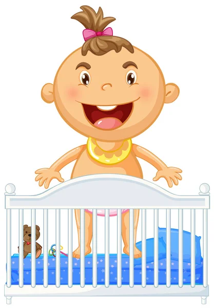 Pequeño bebé en cuna sonriendo — Vector de stock
