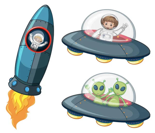 Astronauts and aliens in spaceships — Stock Vector
