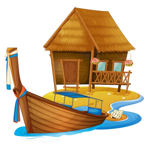 Wooden cottage and boat on island — Stock Vector