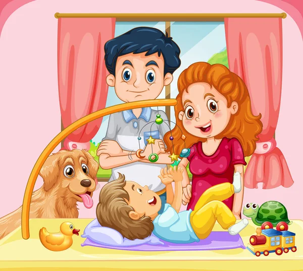 Famille avec petit bébé jouant jouet mobile — Image vectorielle