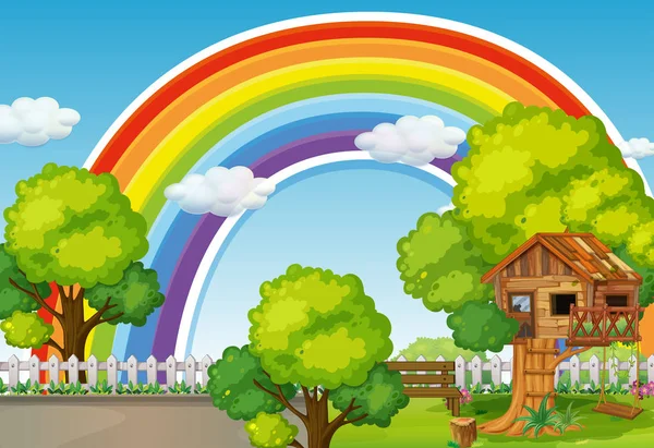Cena de fundo com arco-íris e casa da árvore — Vetor de Stock